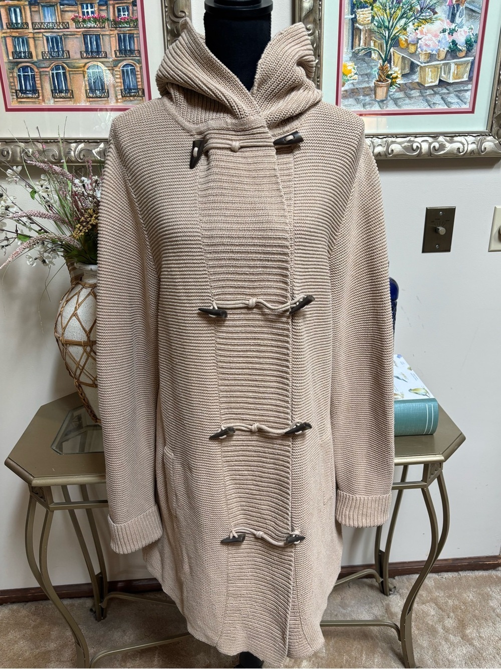 Lands' End Hooded Toggle Knit Cardigan Sweater Coat Taupe Size Large Y2K Vintage